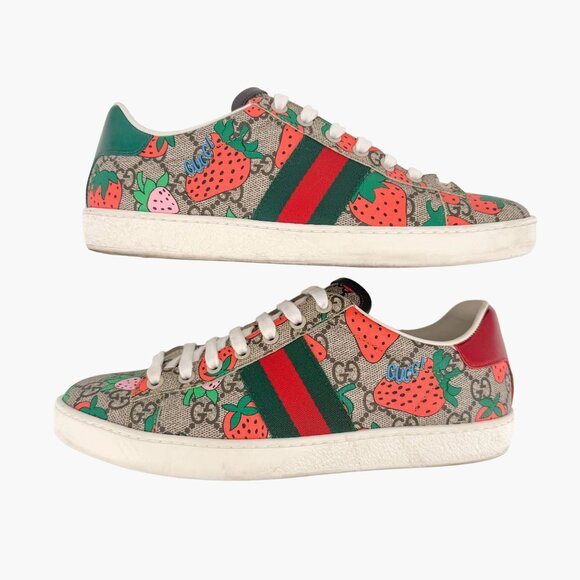 Gucci Ace Web Stripe Sneaker EU 38 US 8 Beige GG Monogram Strawberry Print - Picture 7 of 14